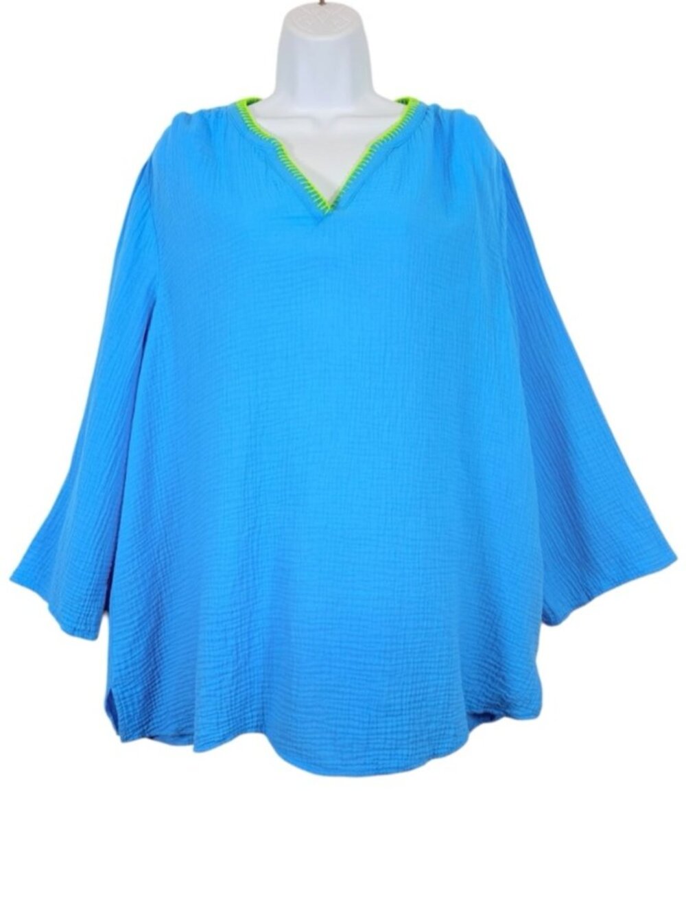Blue Gauze Tunic Top Neon Stitch Trim XL Boho 100%Cotton
